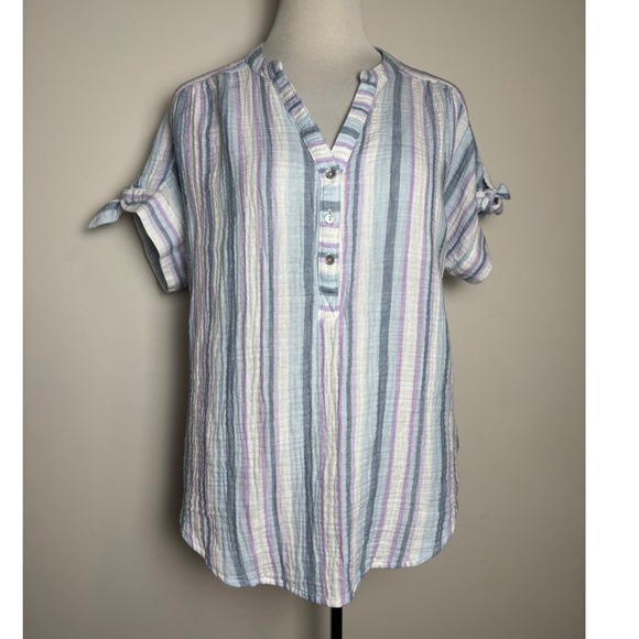 Ruby Rd. Tops - Ruby Rd Womens Cotton Gauze Striped Henley Top Medium Coastal Beachy Casual